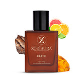 A bottle of Zodiaura Elite EDP spray for men with citrus fruit images and a woody element depicted in the background.