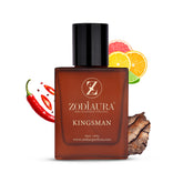A bottle of Zodiaura Kingsman Perfume EDP Spray for Men with citrus and spicy food items depicted around it, indicating the fragrance notes.