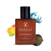 A bottle of Zodiaura Oceanique EDP Spray for Men with citrus and marine imagery, indicating the fragrance accords.