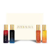 Four Zodiaura perfume bottles in different colors with a box in the background.